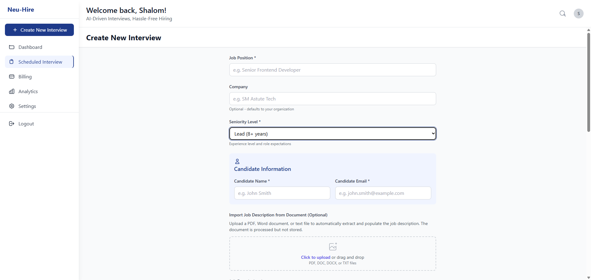 Neu-Hire AI interview builder screen for configuring competencies