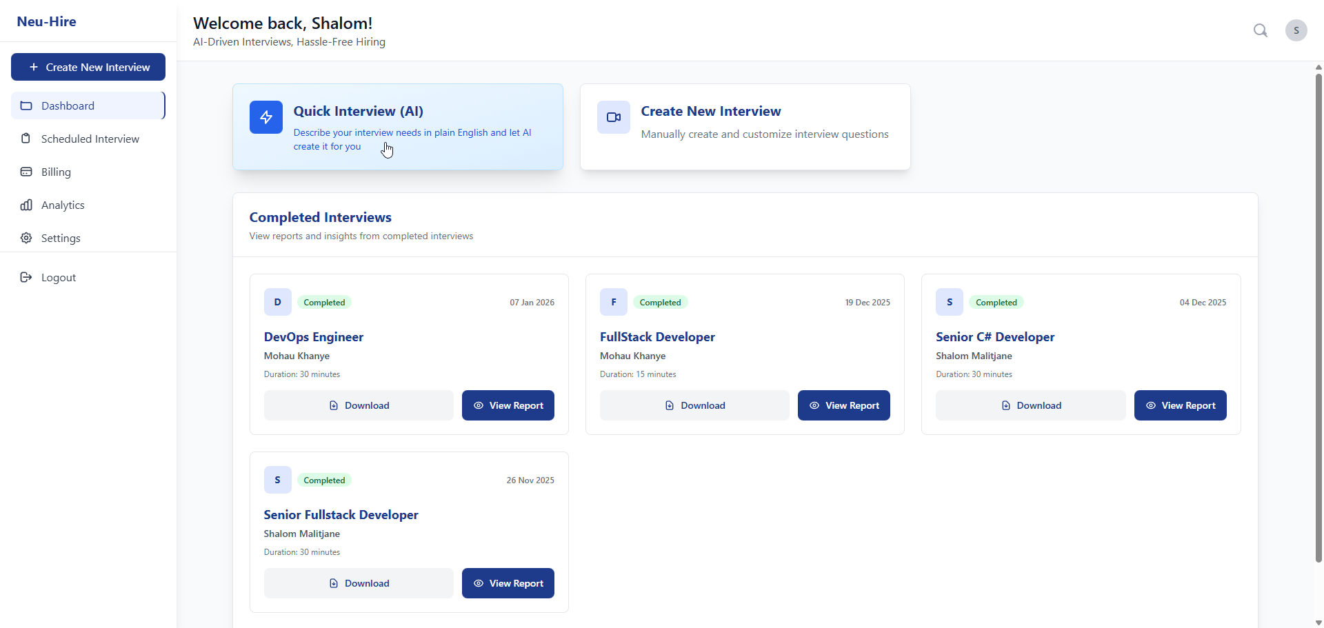 Neu-Hire dashboard showing interview metrics and analytics