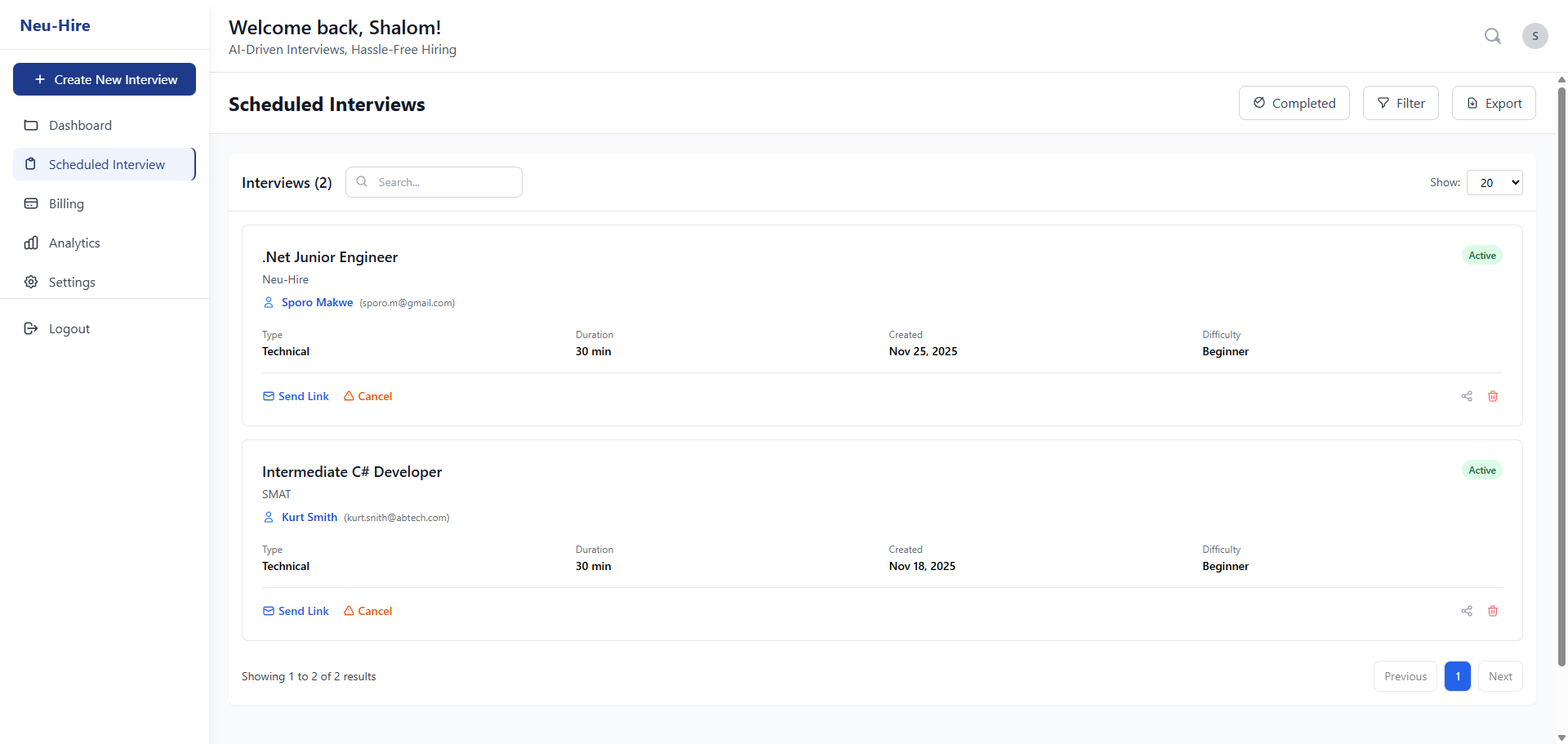 Neu-Hire scheduled interviews dashboard showing candidate statuses